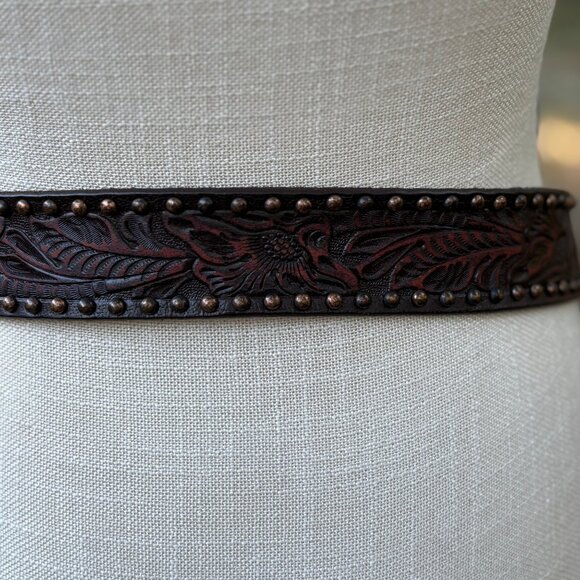 Western Tooled Leather Rhinestone Buckle Belt Brown Studded Small - Picture 6 of 8